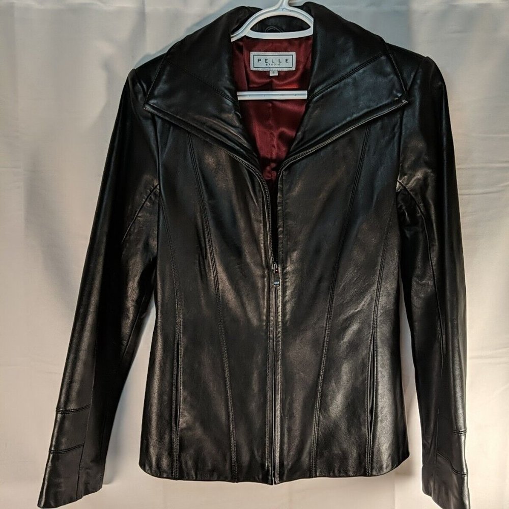 Pelle Studio Genuine Leather Black Jacket Coat Full zip collared Women's Small S